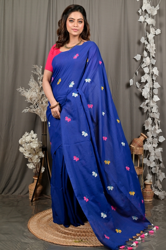 Naby Blue Blended Cotton Foyeli Embroidery Handloom saree (3123)