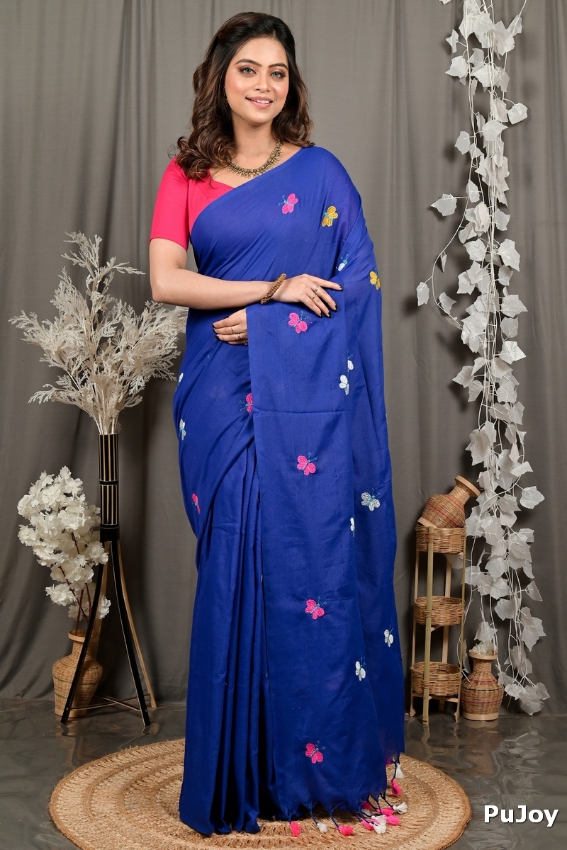 Naby Blue Blended Cotton Foyeli Embroidery Handloom saree (3123)