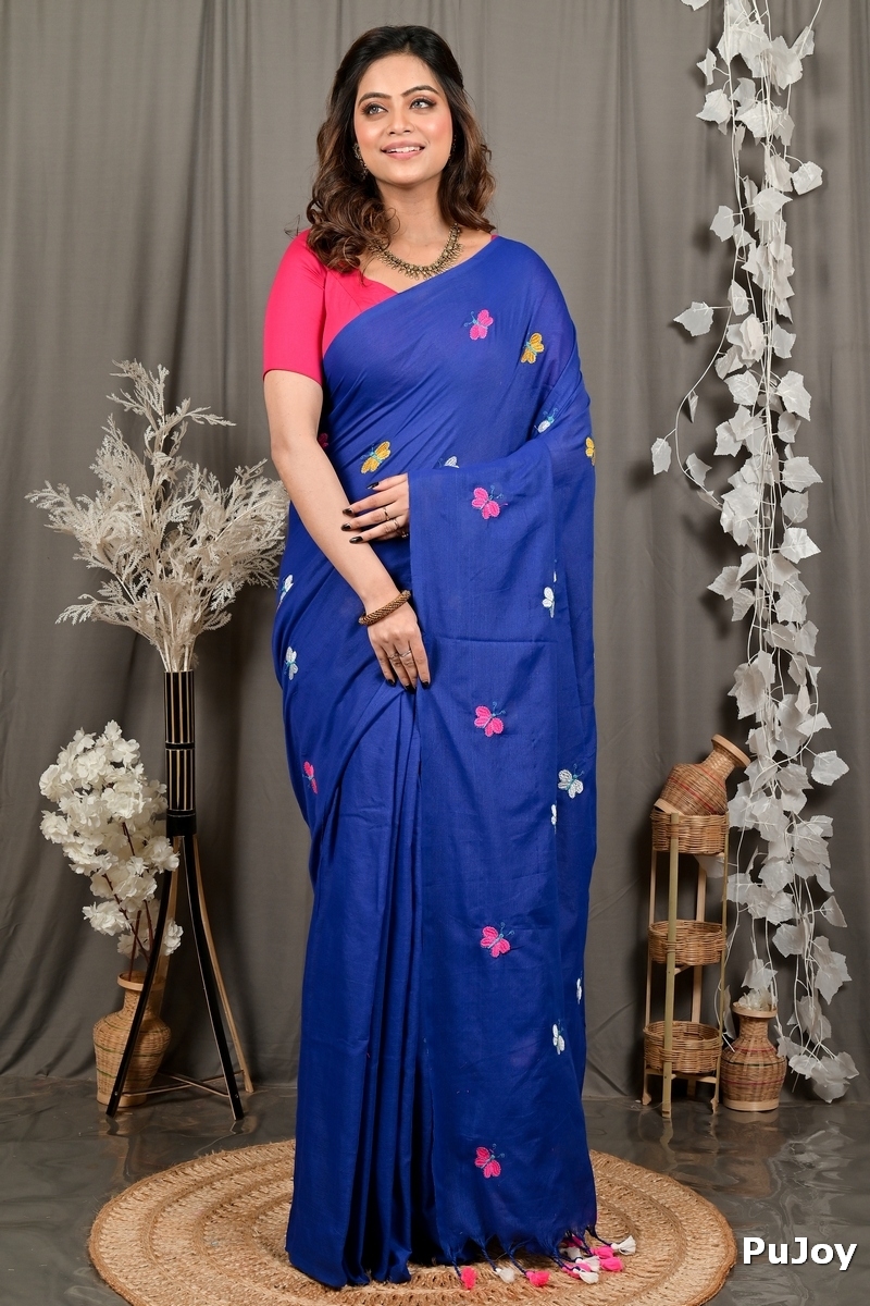 Naby Blue Blended Cotton Foyeli Embroidery Handloom saree (3123)