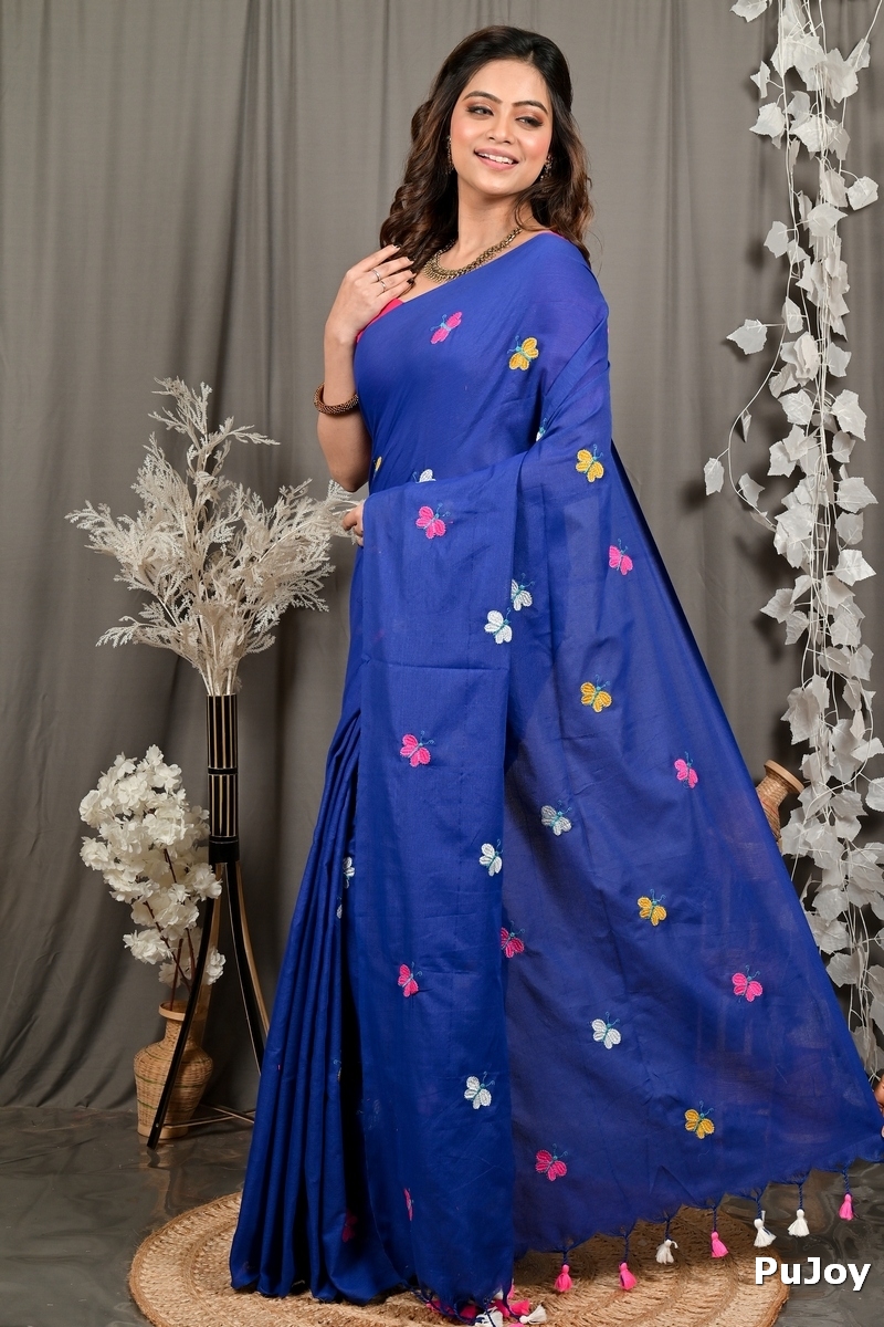 Naby Blue Blended Cotton Foyeli Embroidery Handloom saree (3123)
