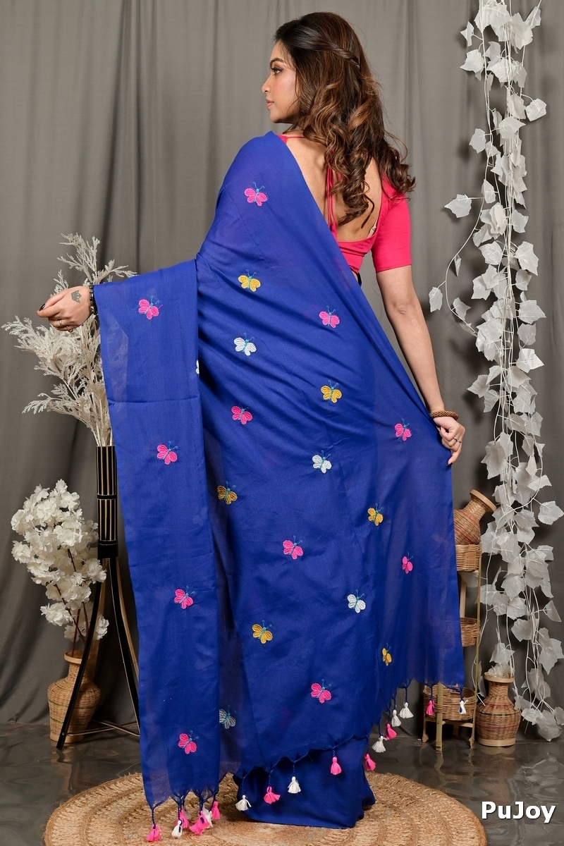 Naby Blue Blended Cotton Foyeli Embroidery Handloom saree (3123)