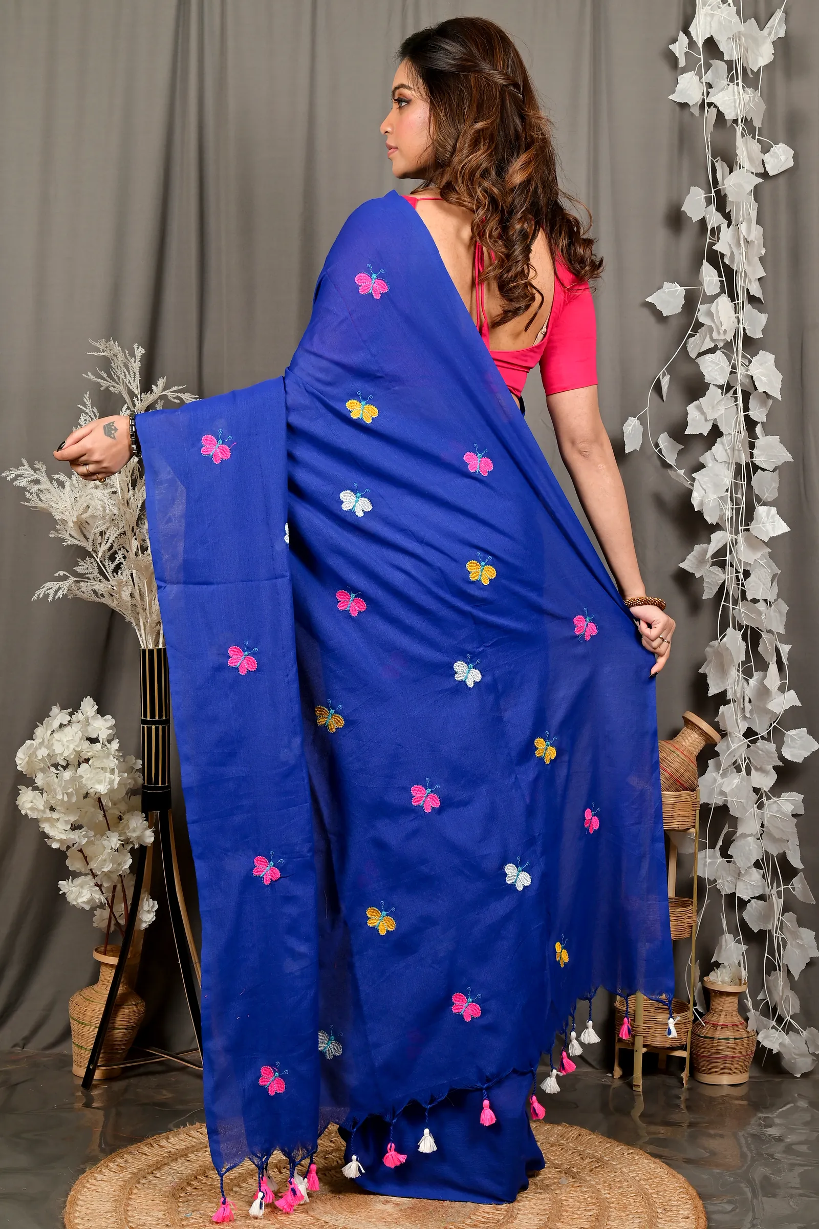 Naby Blue Blended Cotton Foyeli Embroidery Handloom saree (3123)