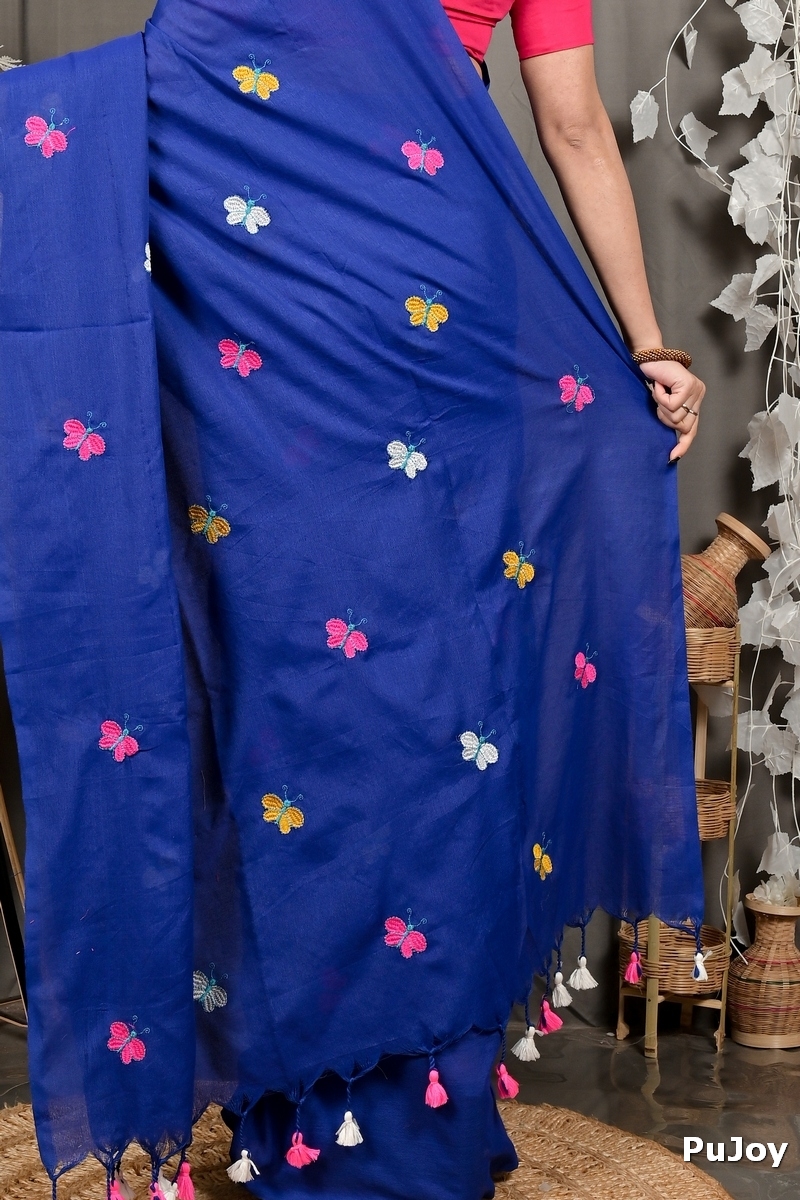 Naby Blue Blended Cotton Foyeli Embroidery Handloom saree (3123)
