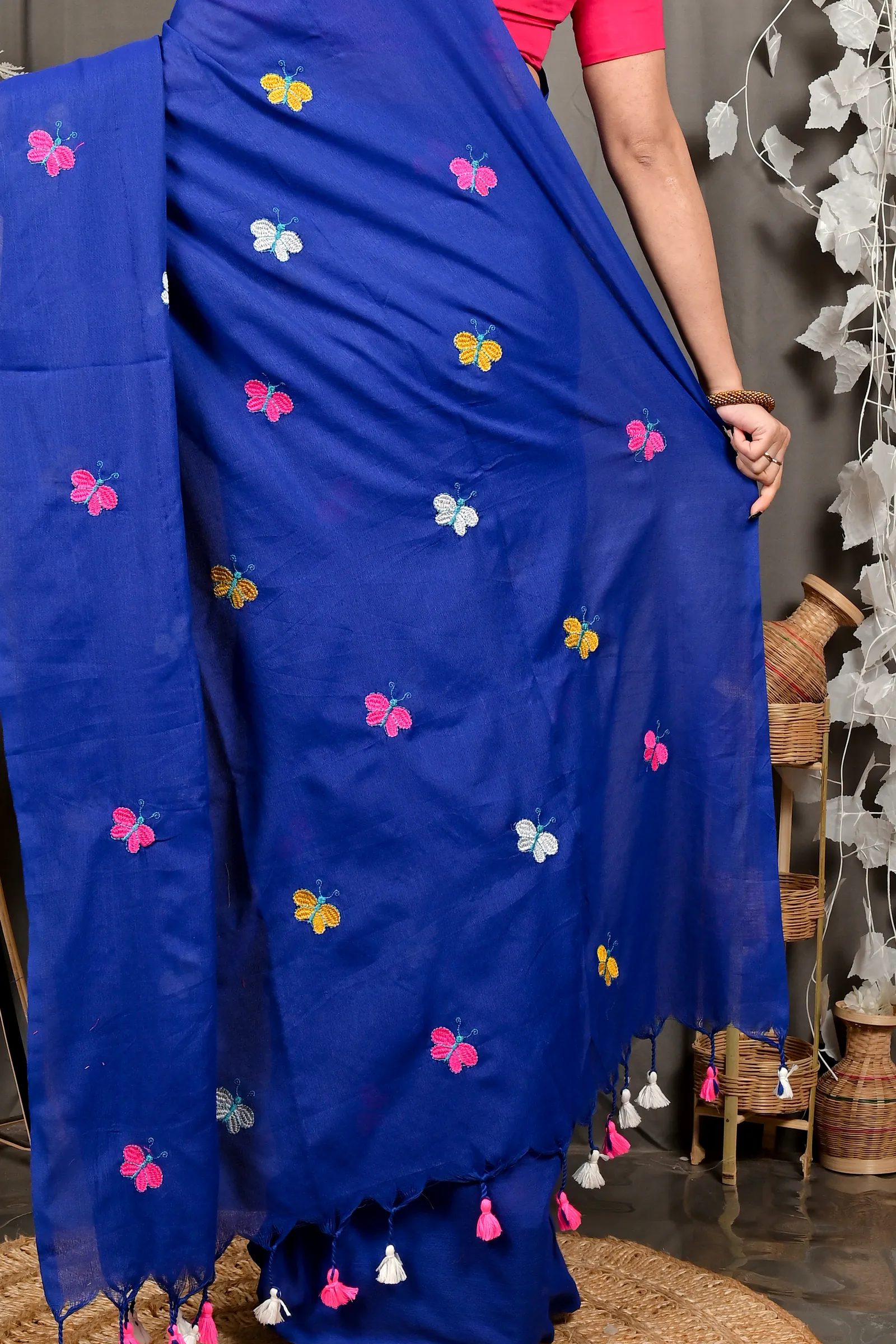 Naby Blue Blended Cotton Foyeli Embroidery Handloom saree (3123)