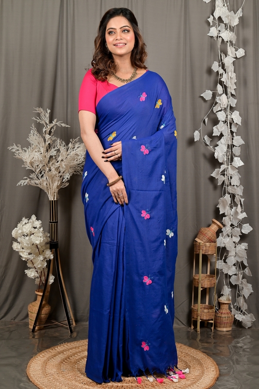 Naby Blue Blended Cotton Foyeli Embroidery Handloom saree (3123)