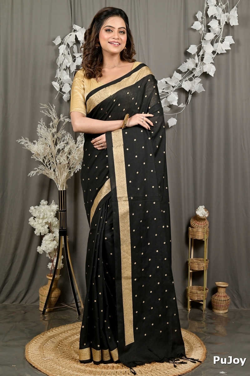 Black Pure Cotton Foyma Tant Saree Print (3125)
