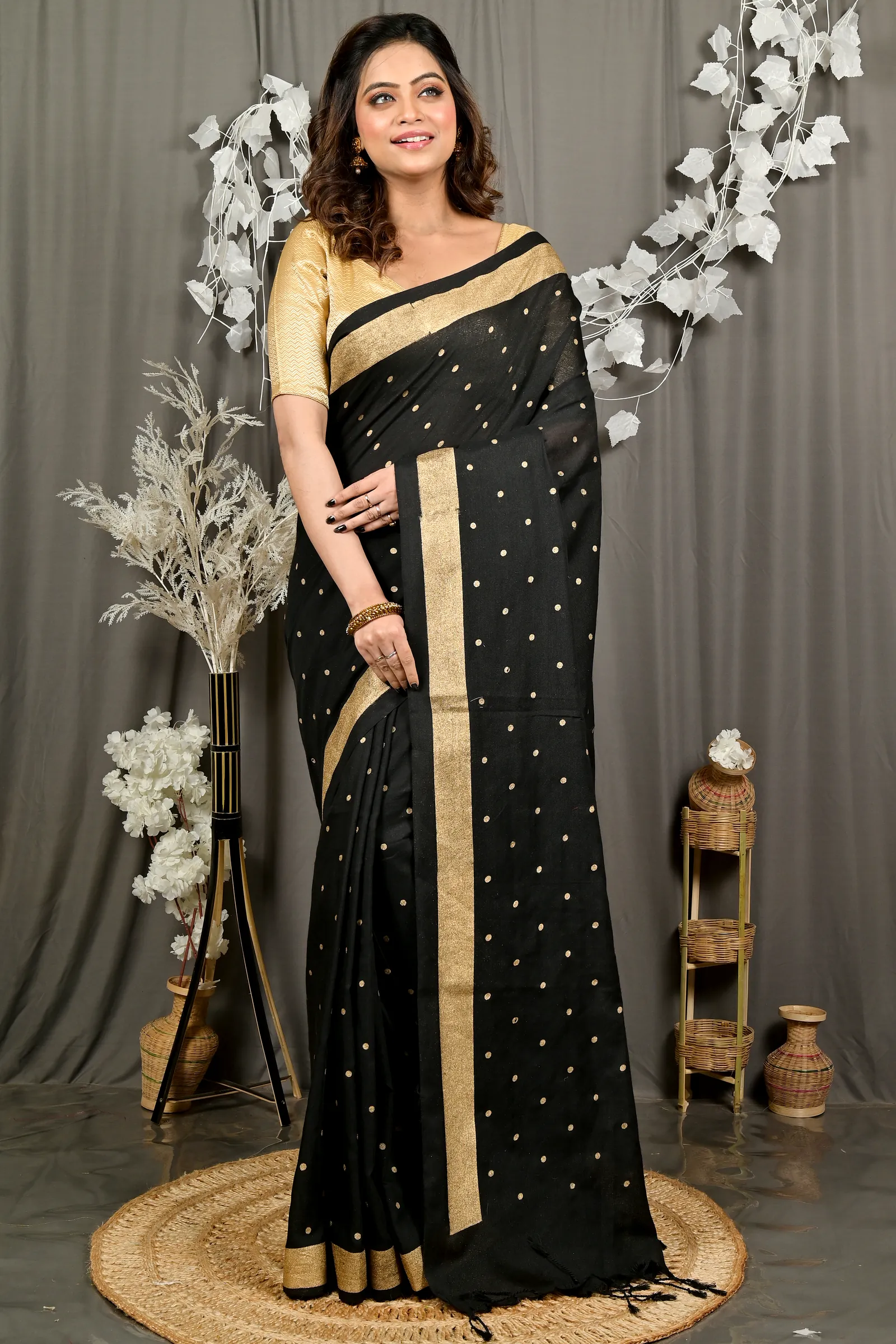 Black Pure Cotton Foyma Tant Saree Print (3125)