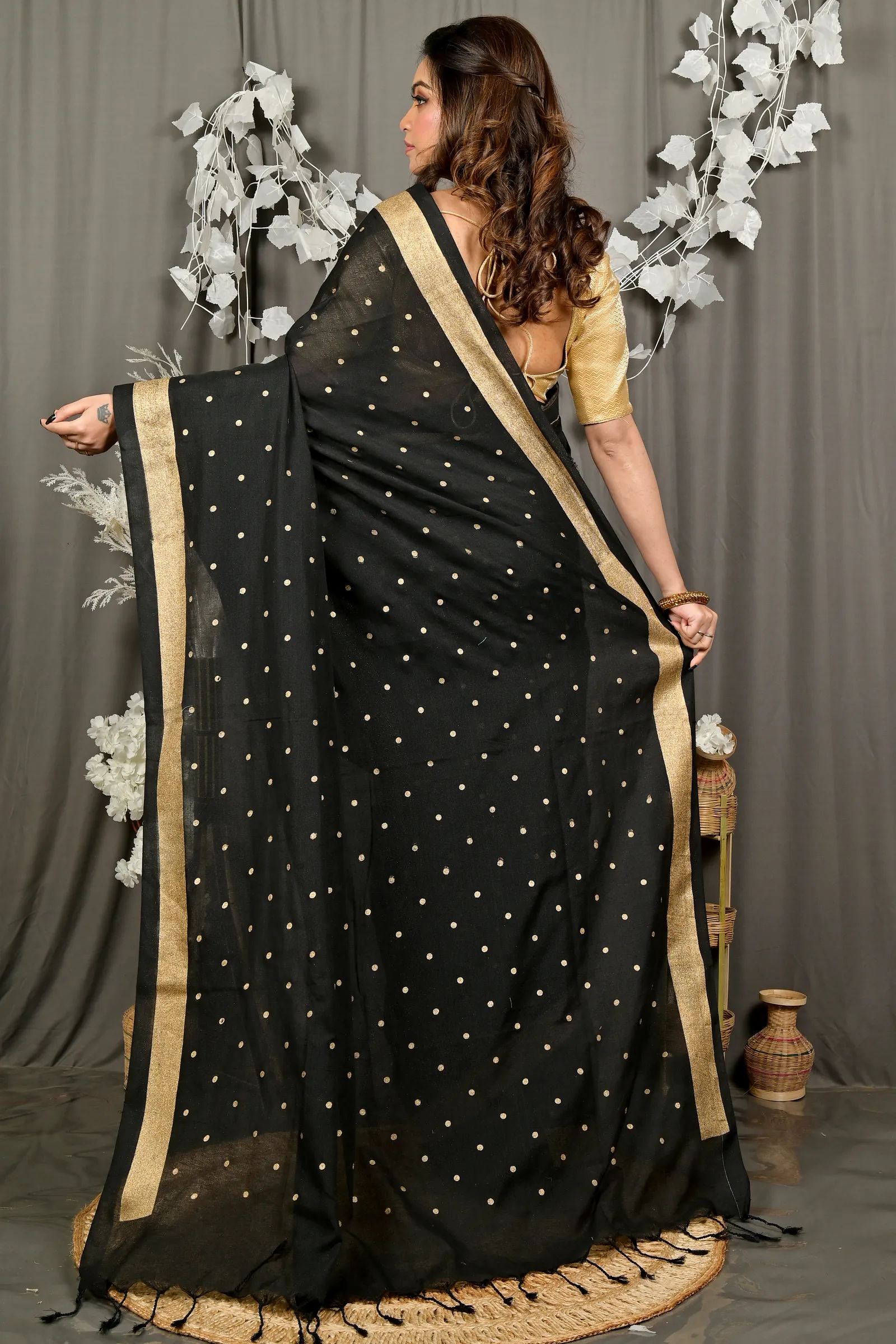 Black Pure Cotton Foyma Tant Saree Print (3125)