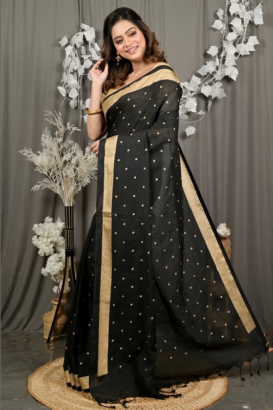 Black Pure Cotton Foyma Tant Saree Print (3125)