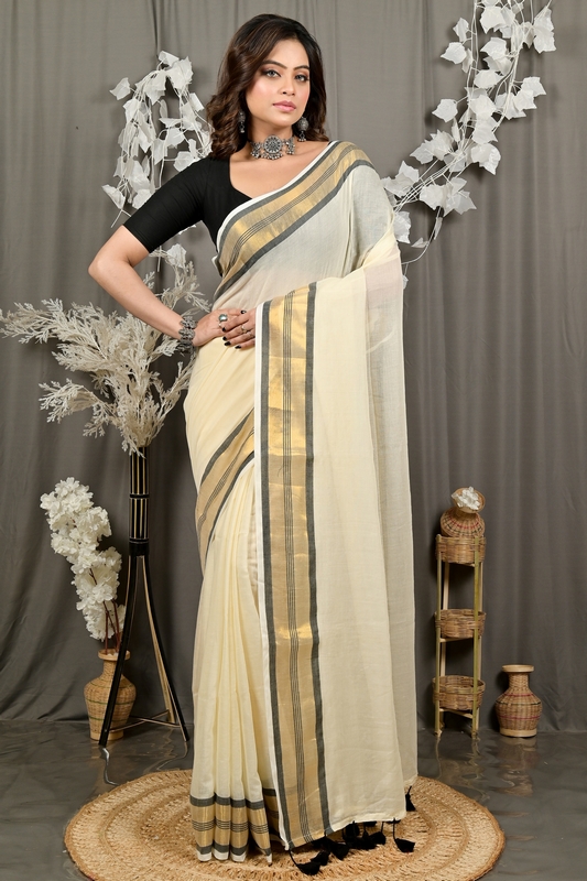 White Brown Cotton Sofeda Hand Loom Saree (3126)
