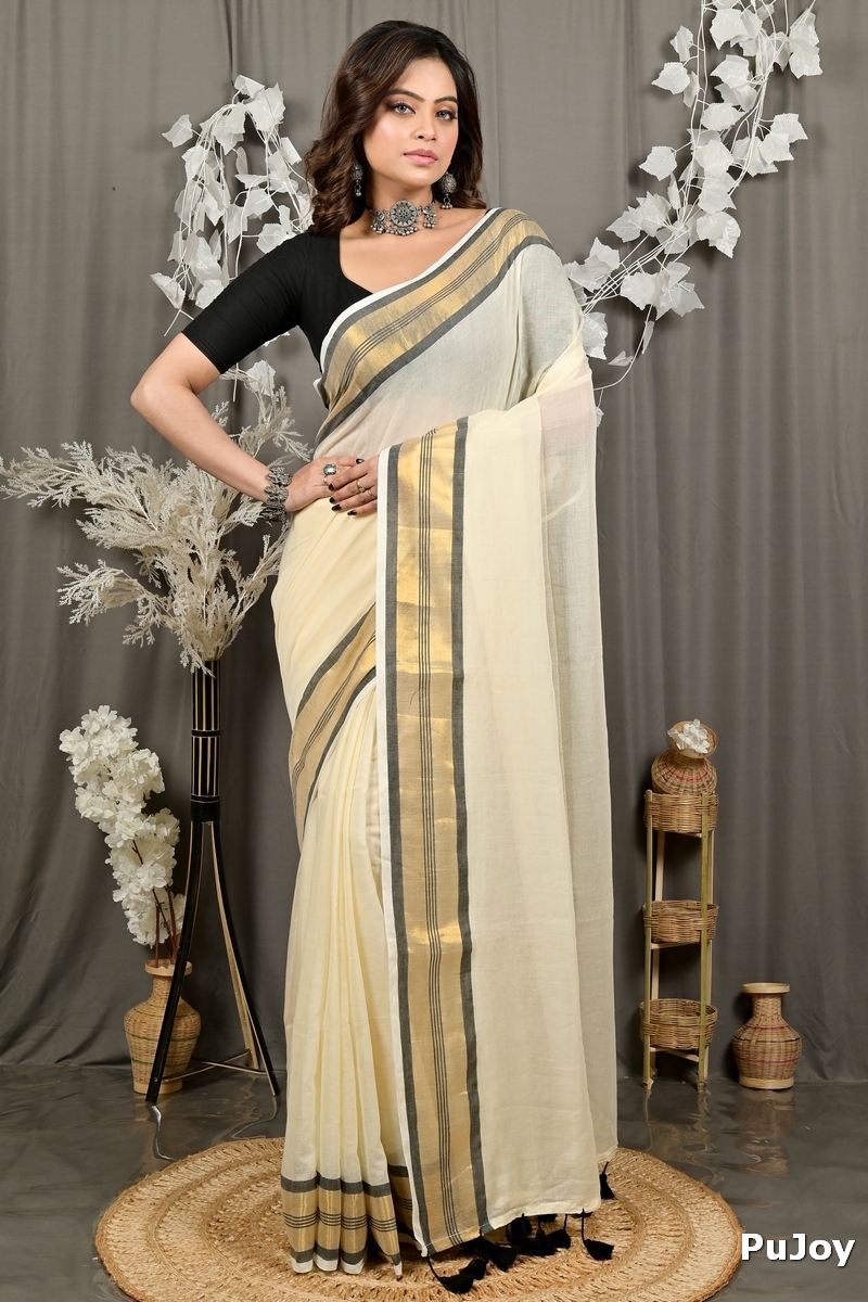 White Brown Cotton Sofeda Hand Loom Saree (3126)