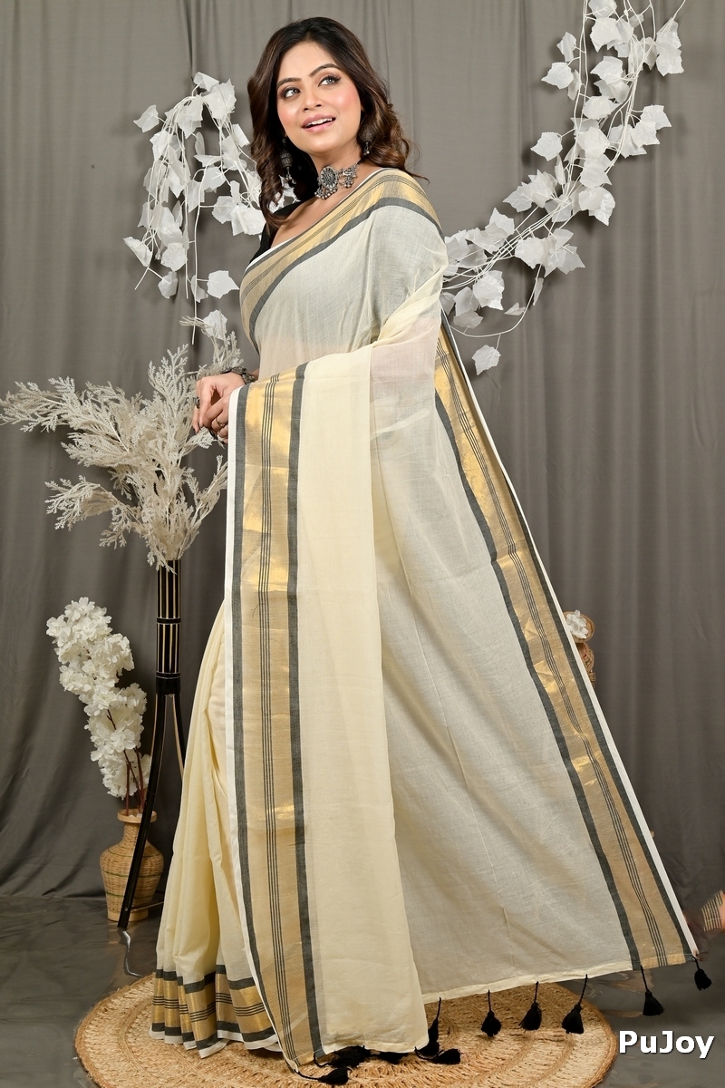 White Brown Cotton Sofeda Hand Loom Saree (3126)