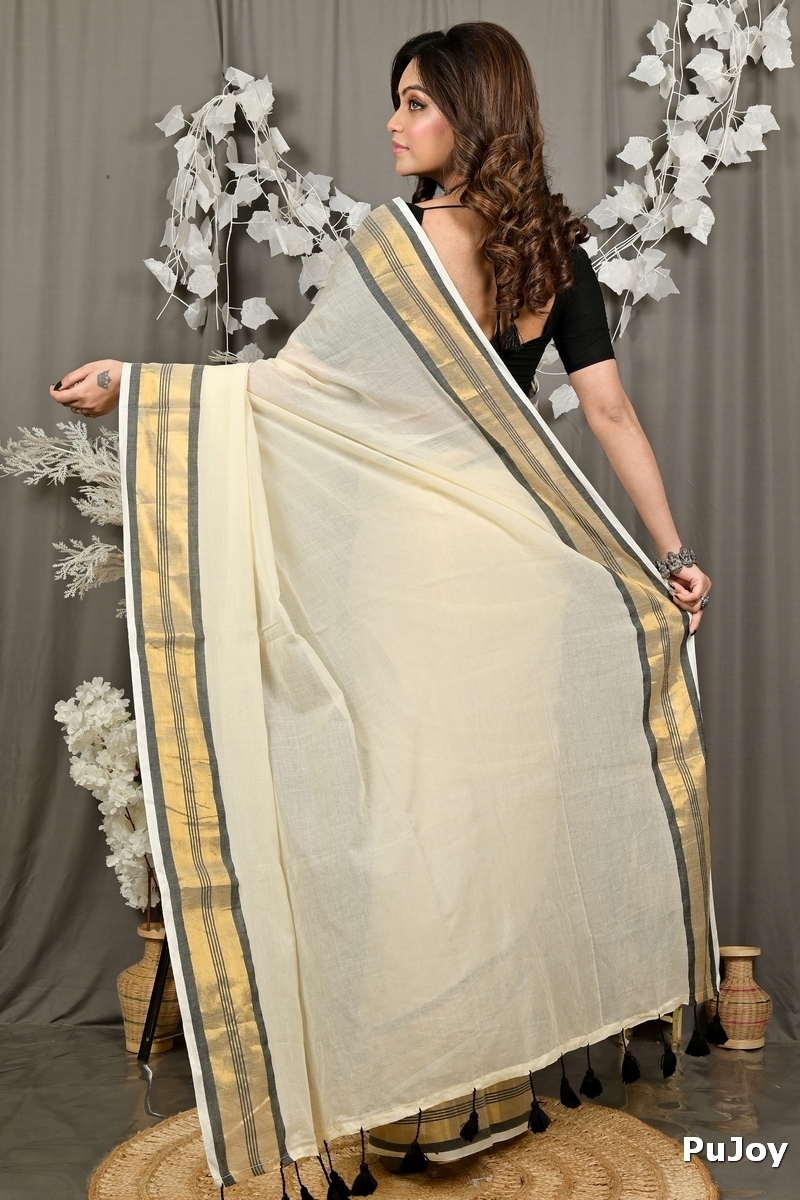 White Brown Cotton Sofeda Hand Loom Saree (3126)
