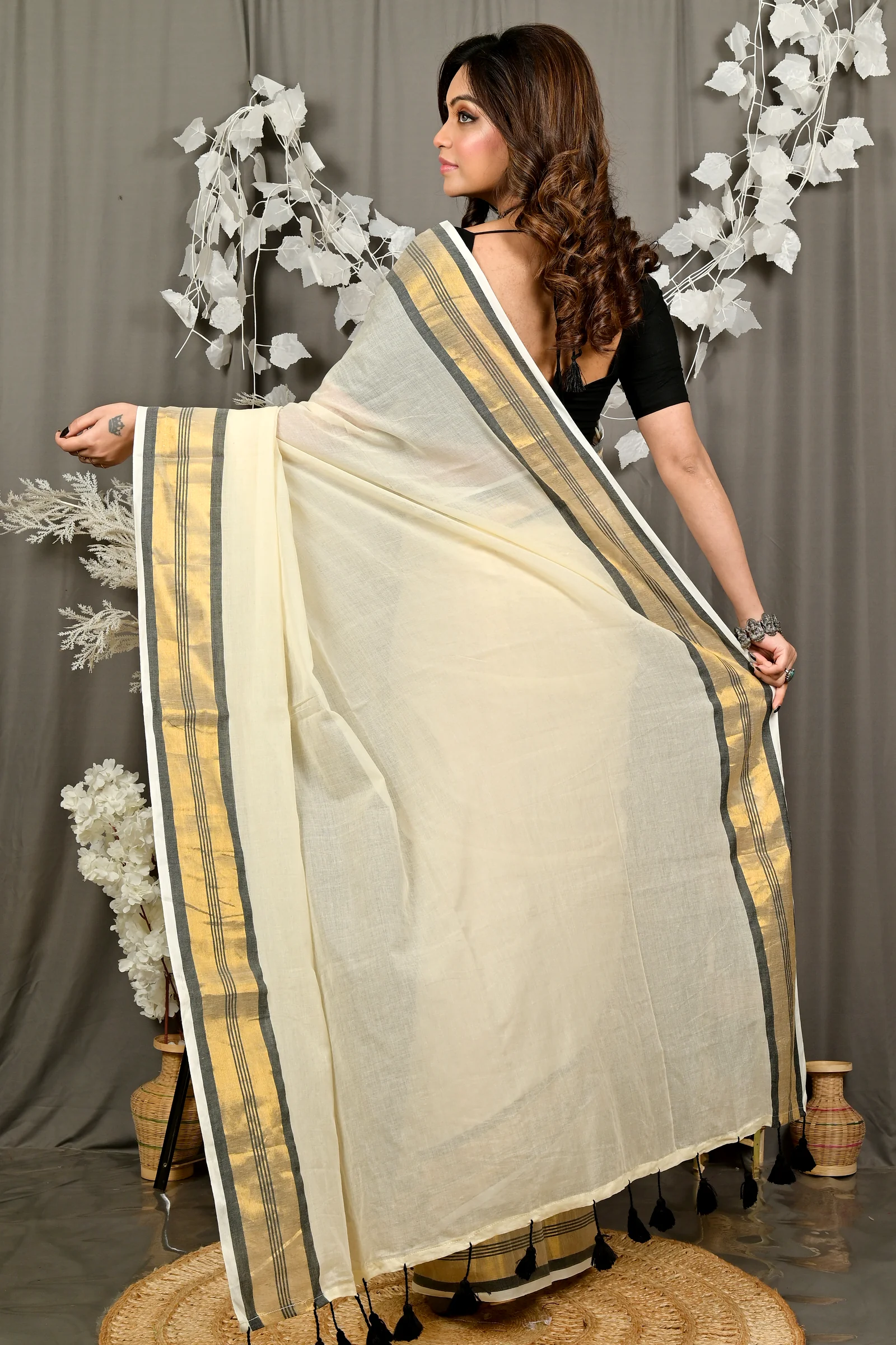 White Brown Cotton Sofeda Hand Loom Saree (3126)