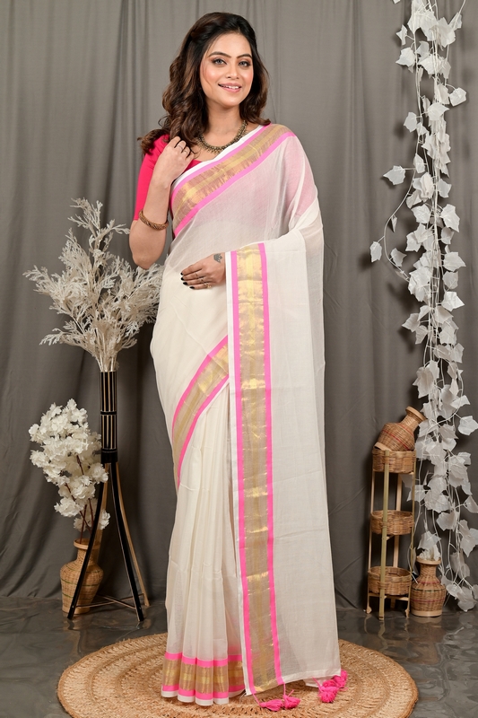 White Pink Cotton Sofeda Hand Loom Saree (3127)
