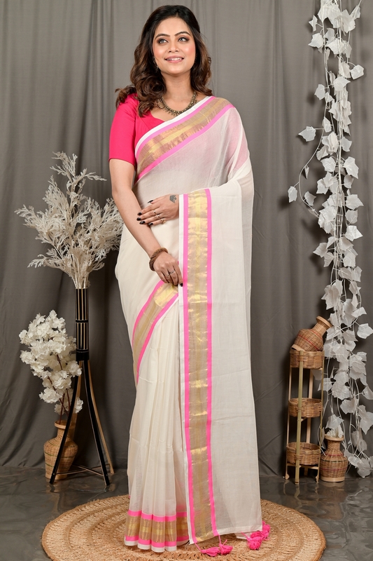 White Pink Cotton Sofeda Hand Loom Saree (3127)