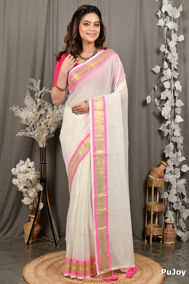 White Pink Cotton Sofeda Hand Loom Saree (3127)