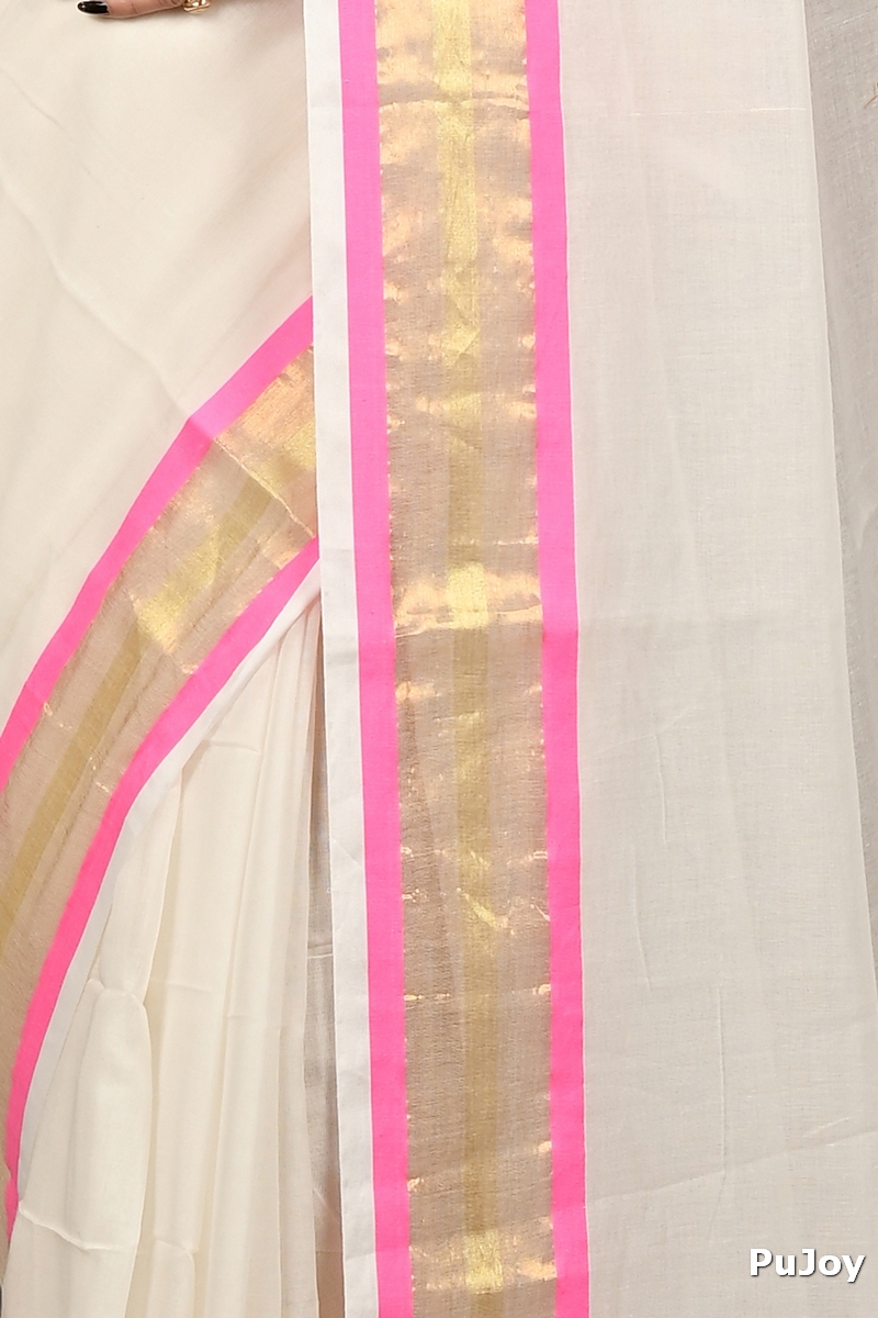 White Pink Cotton Sofeda Hand Loom Saree (3127)