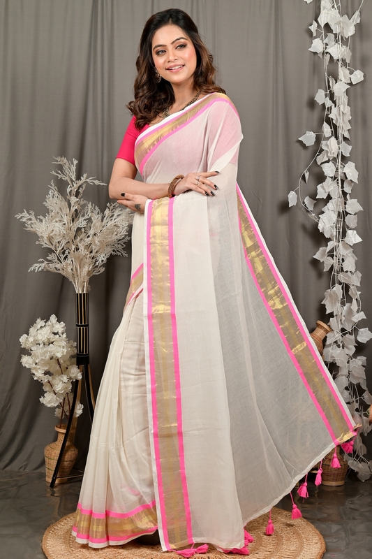 White Pink Cotton Sofeda Hand Loom Saree (3127)