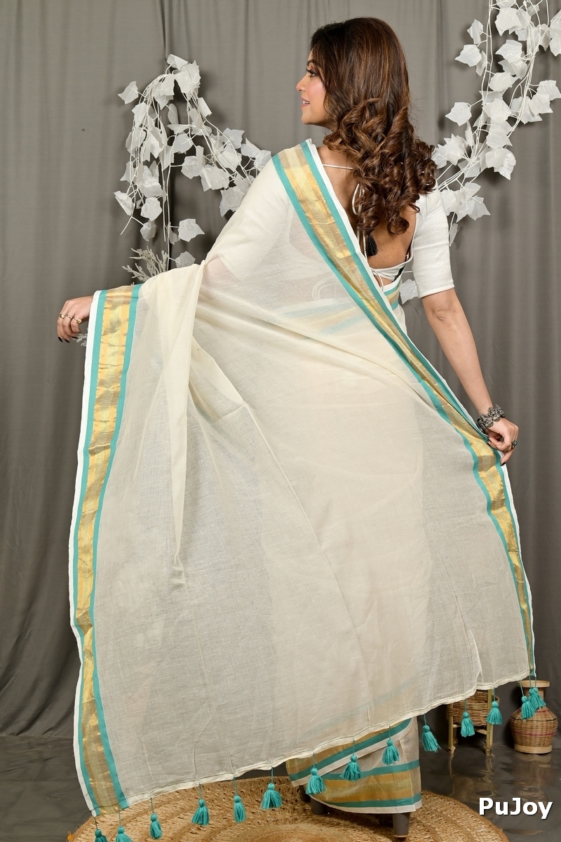 White Gold Cotton Sofeda Hand Loom Saree (3128)