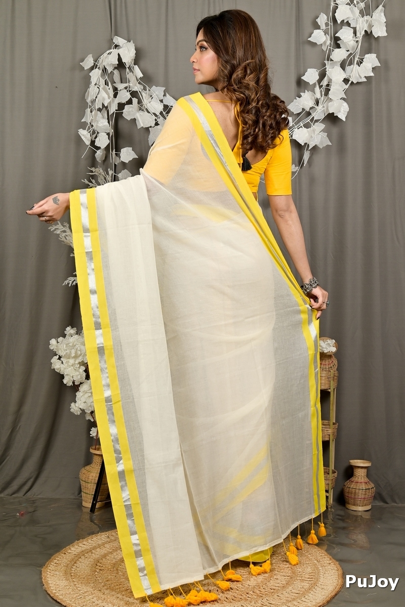 White Yellow Cotton Sofeda Hand Loom Saree (3129)