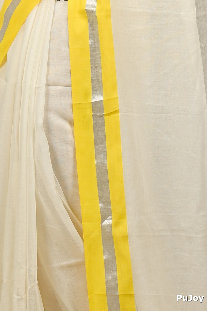 White Yellow Cotton Sofeda Hand Loom Saree (3129)