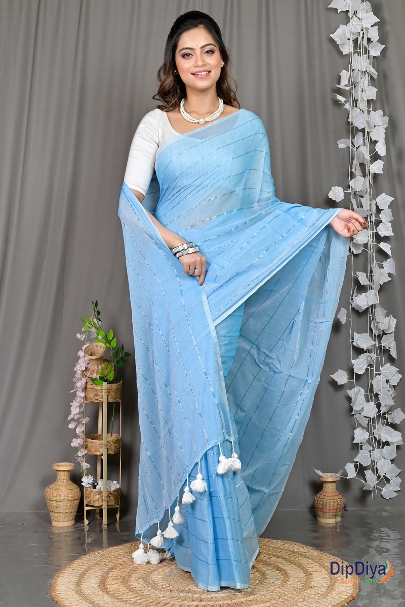 Sky Blue Mal Cotton Pari Hand Loom Saree (313)