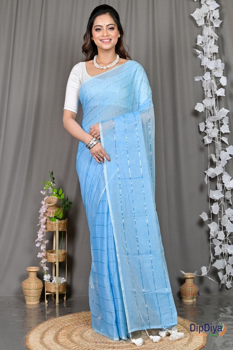 Sky Blue Mal Cotton Pari Hand Loom Saree (313)