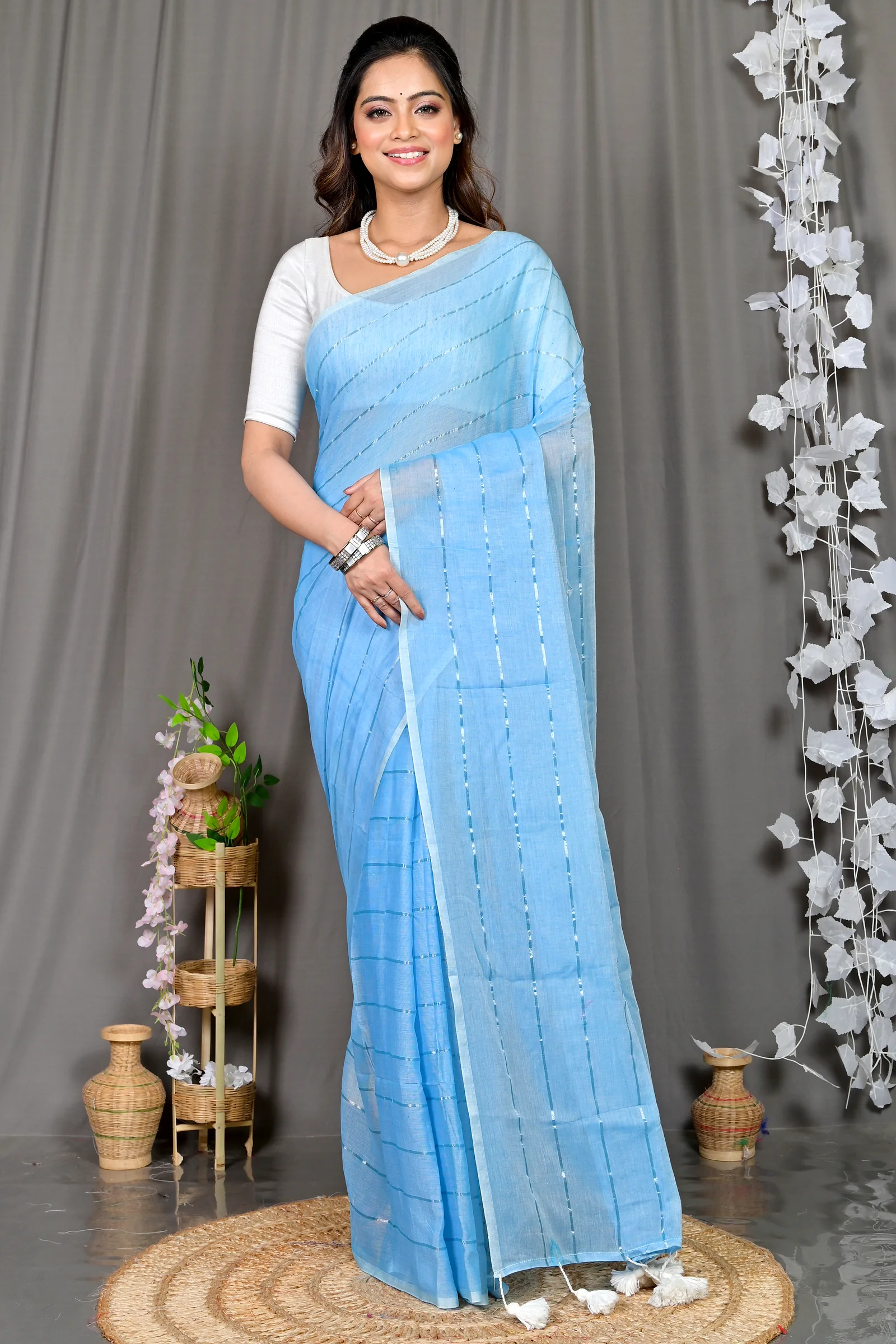 Sky Blue Mal Cotton Pari Hand Loom Saree (313)