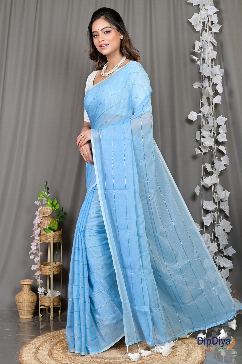 Sky Blue Mal Cotton Pari Hand Loom Saree (313)
