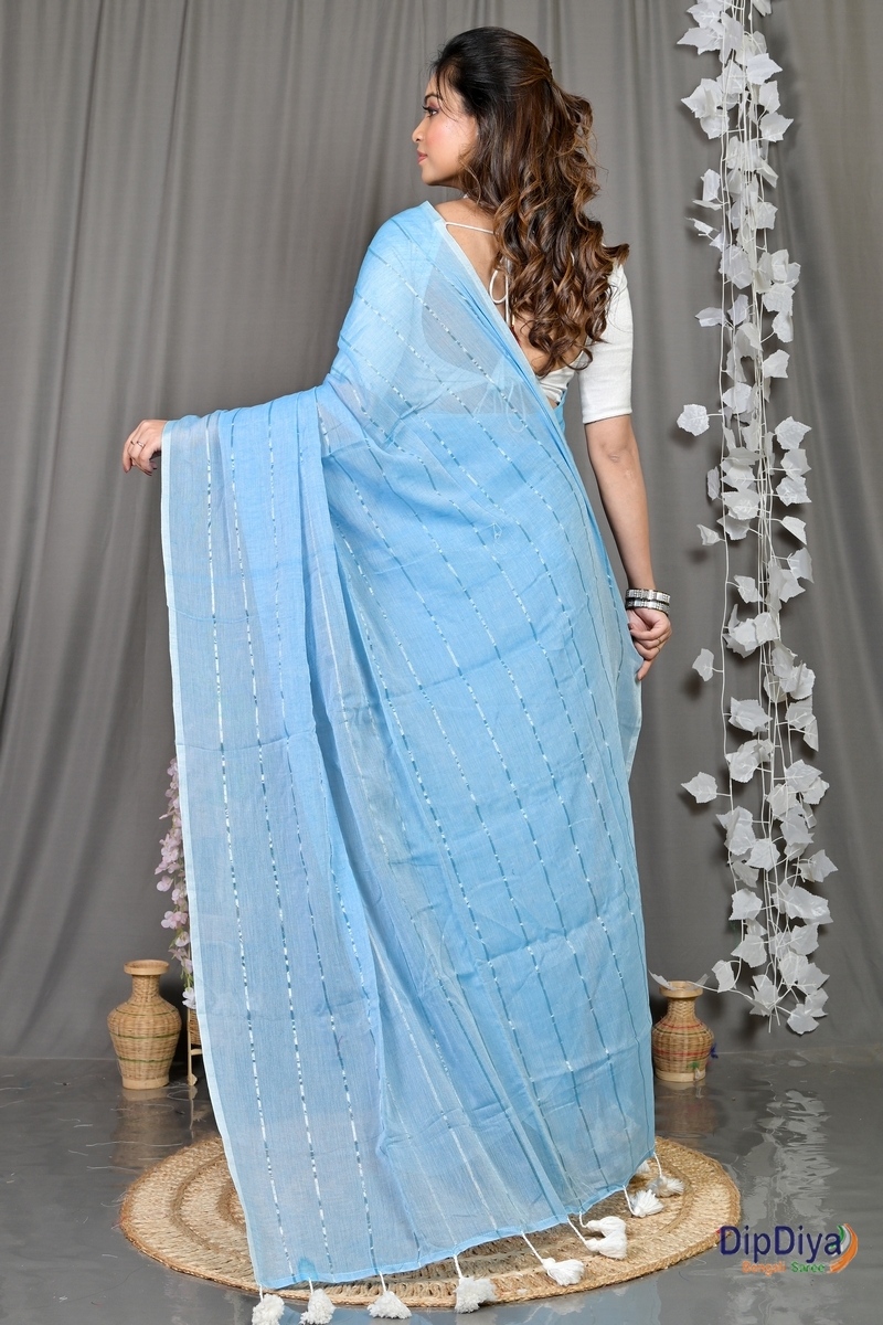 Sky Blue Mal Cotton Pari Hand Loom Saree (313)