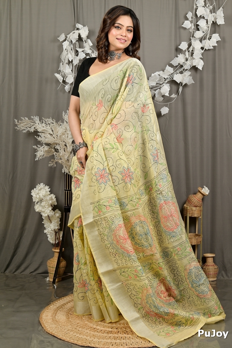 Off Whnite Cotton Varitikath Kantha Stitch Saree (3130)