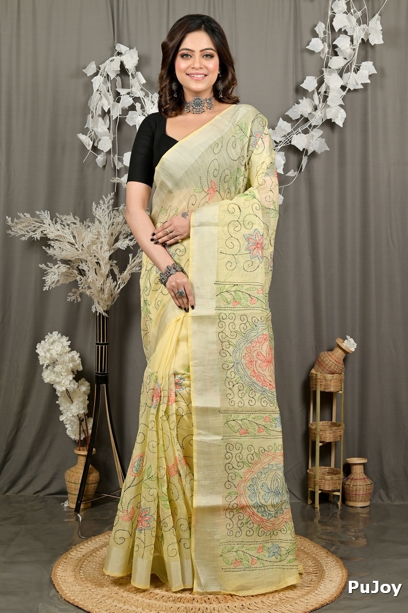 Off Whnite Cotton Varitikath Kantha Stitch Saree (3130)