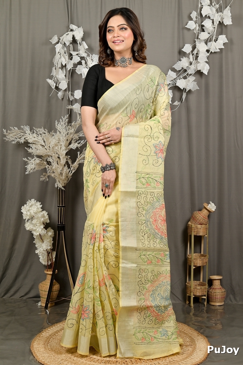 Off Whnite Cotton Varitikath Kantha Stitch Saree (3130)