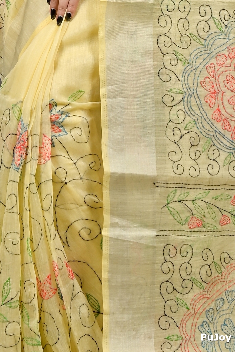 Off Whnite Cotton Varitikath Kantha Stitch Saree (3130)