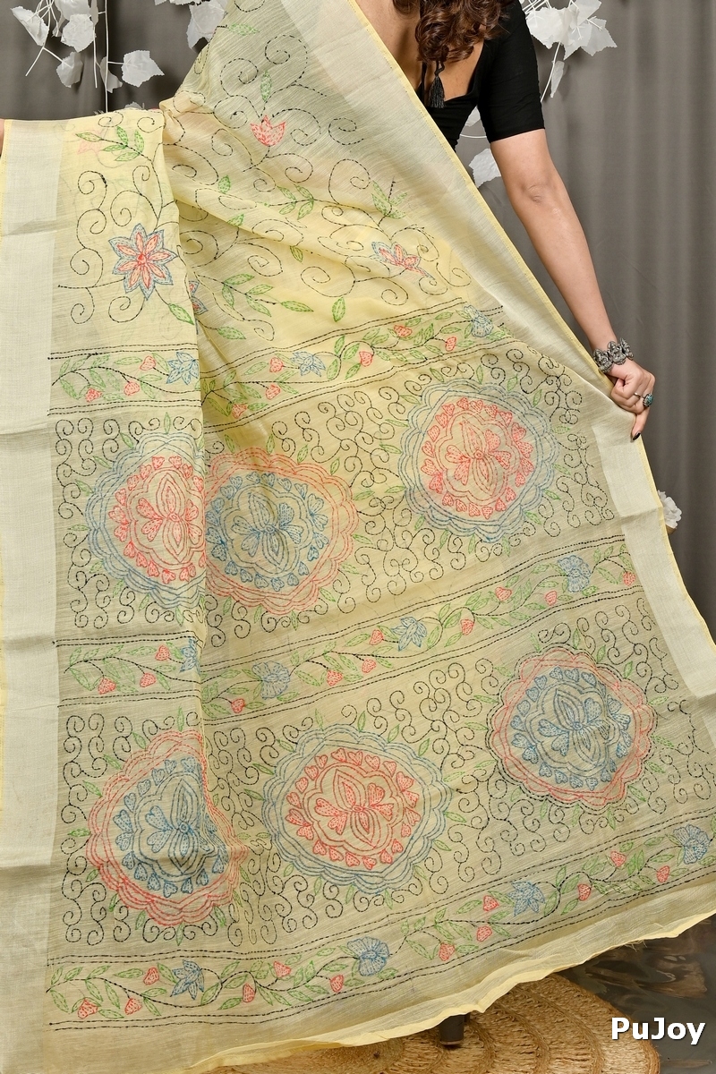 Off Whnite Cotton Varitikath Kantha Stitch Saree (3130)