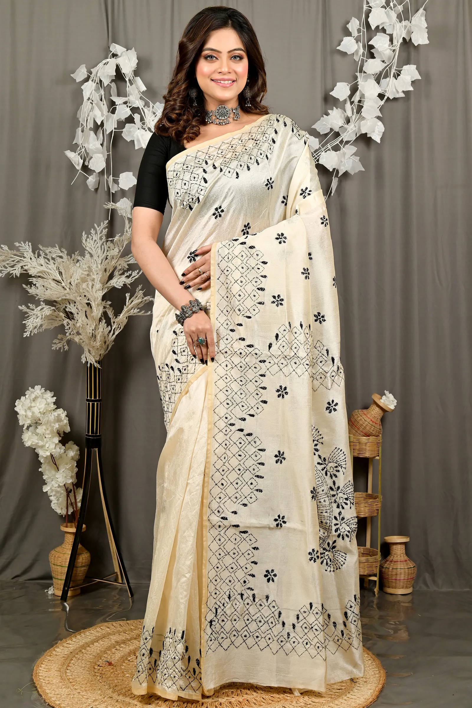 Off White Cotton Varitikath Kantha Stitch Saree (3131)