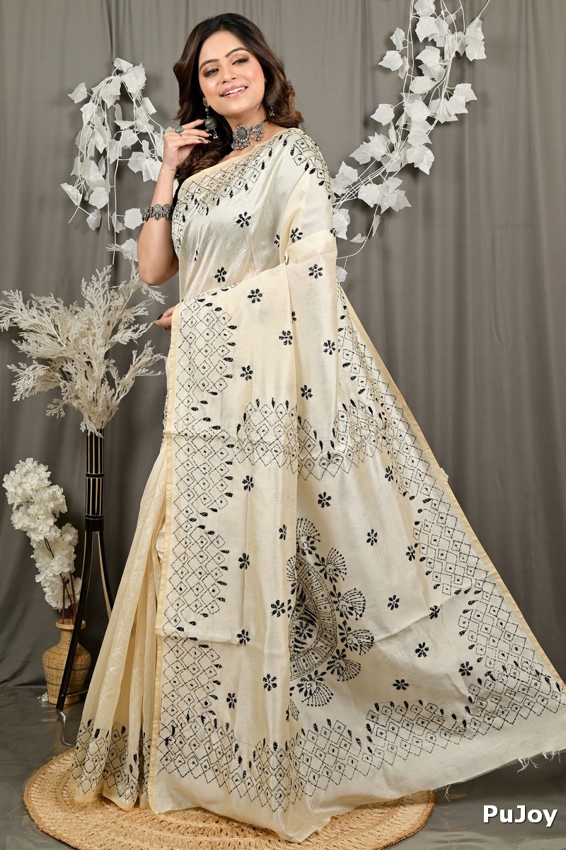 Off White Cotton Varitikath Kantha Stitch Saree (3131)