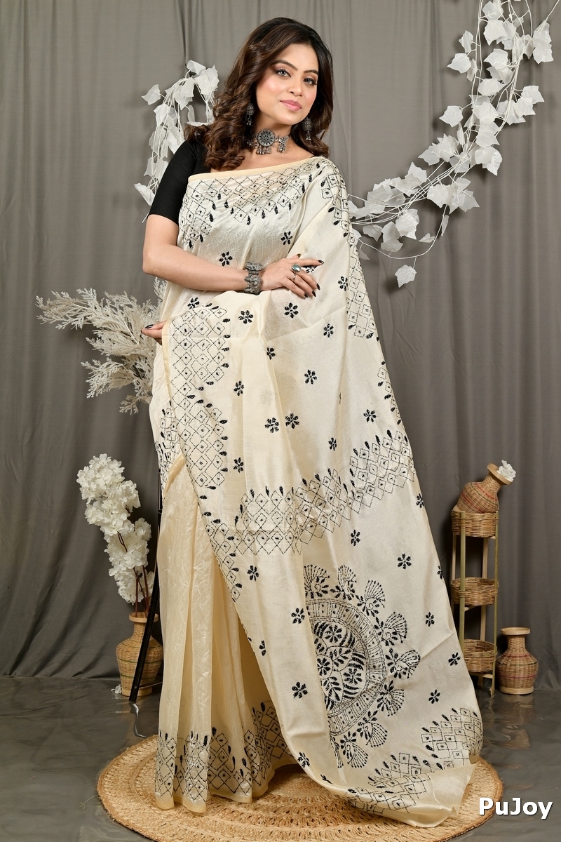Off White Cotton Varitikath Kantha Stitch Saree (3131)