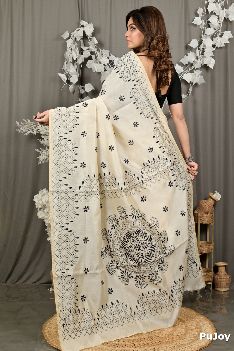 Off White Cotton Varitikath Kantha Stitch Saree (3131)