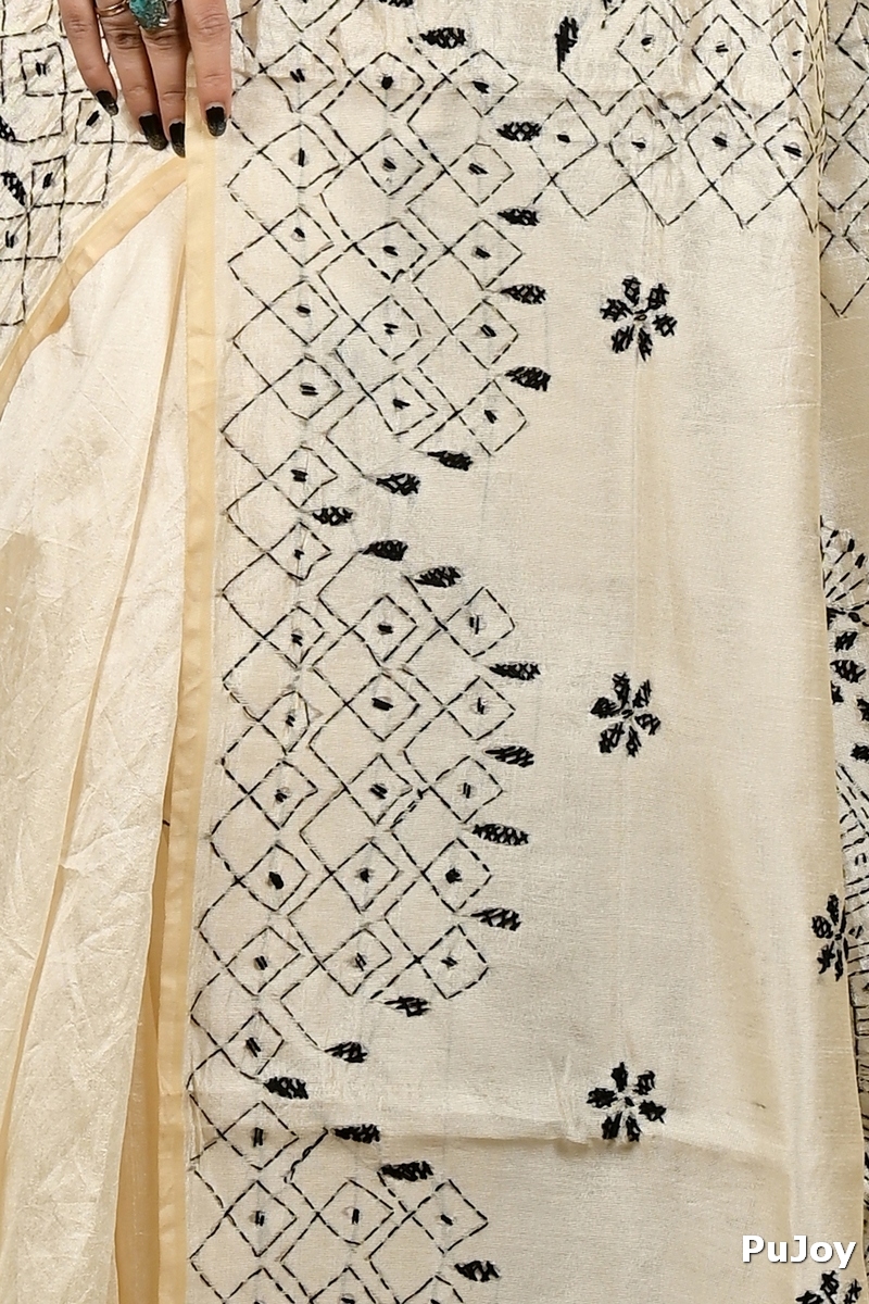 Off White Cotton Varitikath Kantha Stitch Saree (3131)