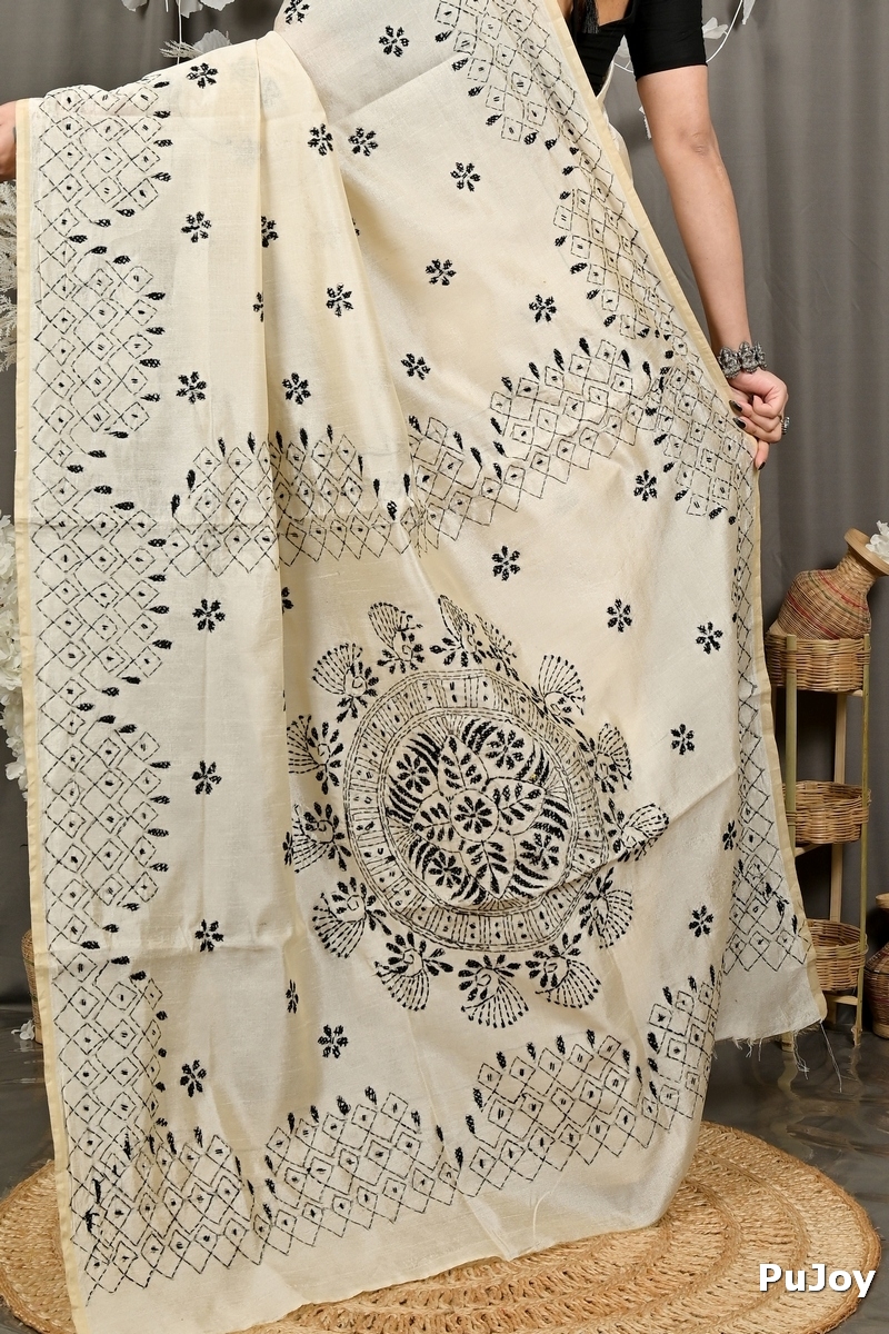 Off White Cotton Varitikath Kantha Stitch Saree (3131)