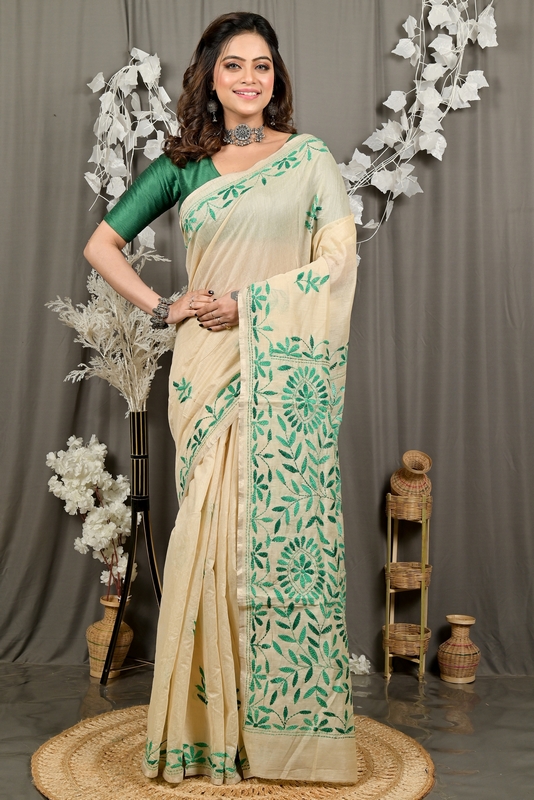 Off White Green Cotton Varitikath Kantha Stitch Saree (3132)
