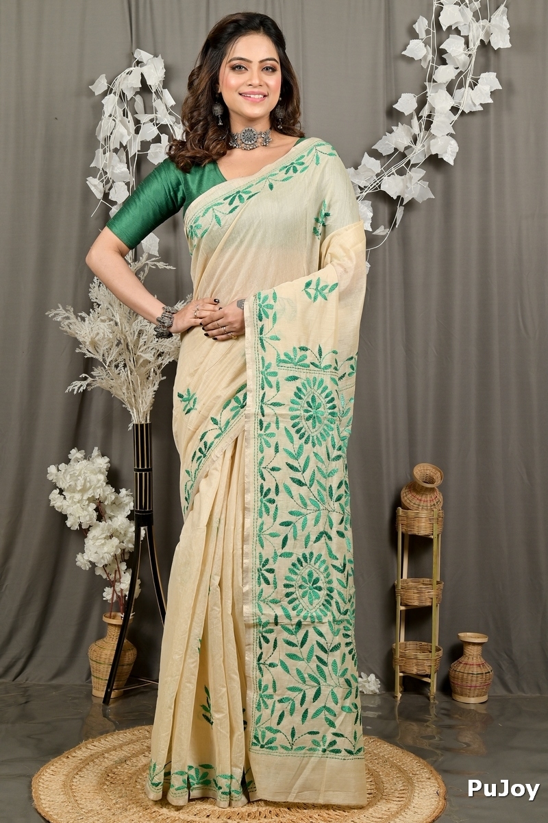 Off White Green Cotton Varitikath Kantha Stitch Saree (3132)