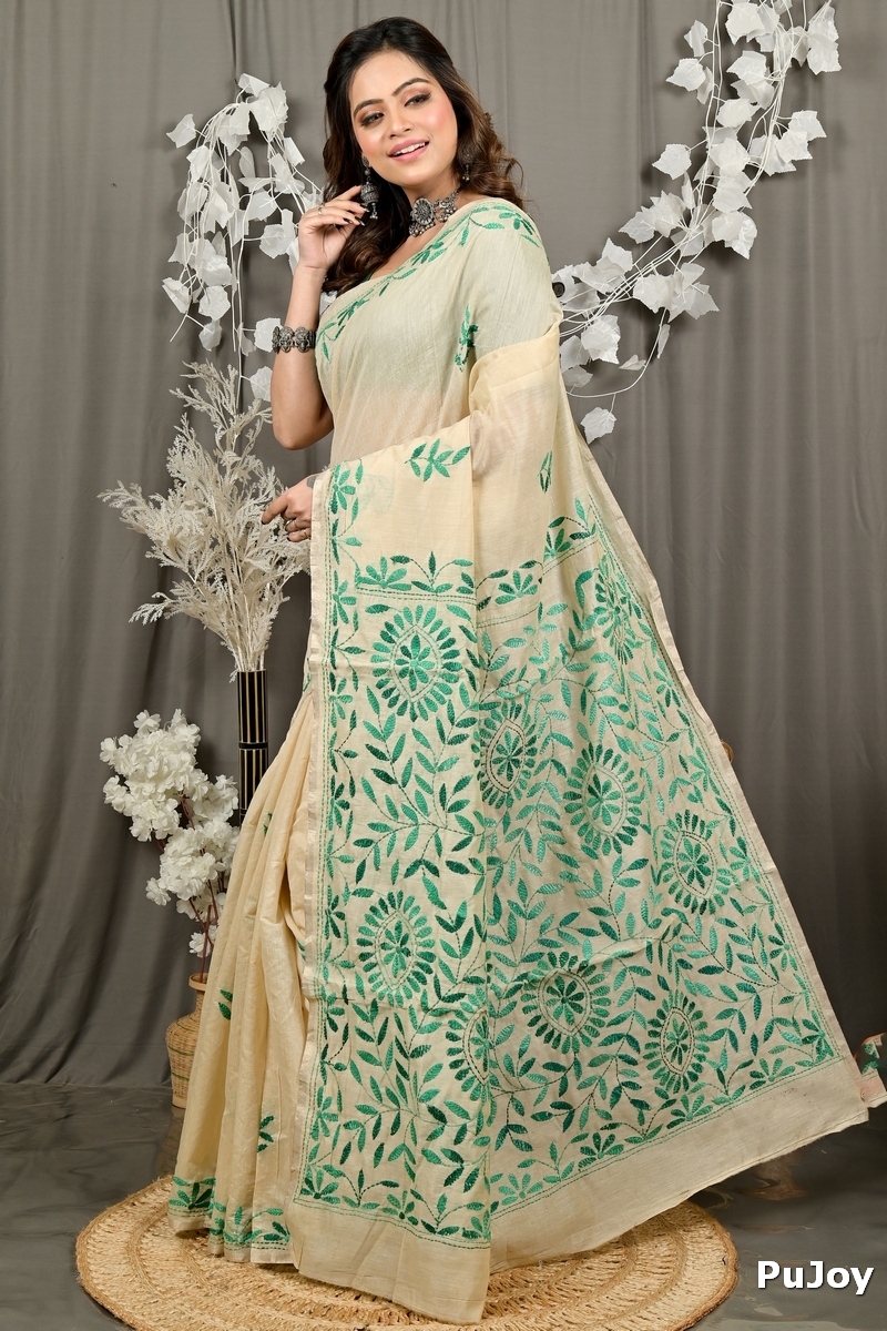 Off White Green Cotton Varitikath Kantha Stitch Saree (3132)