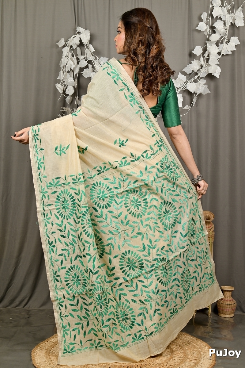 Off White Green Cotton Varitikath Kantha Stitch Saree (3132)
