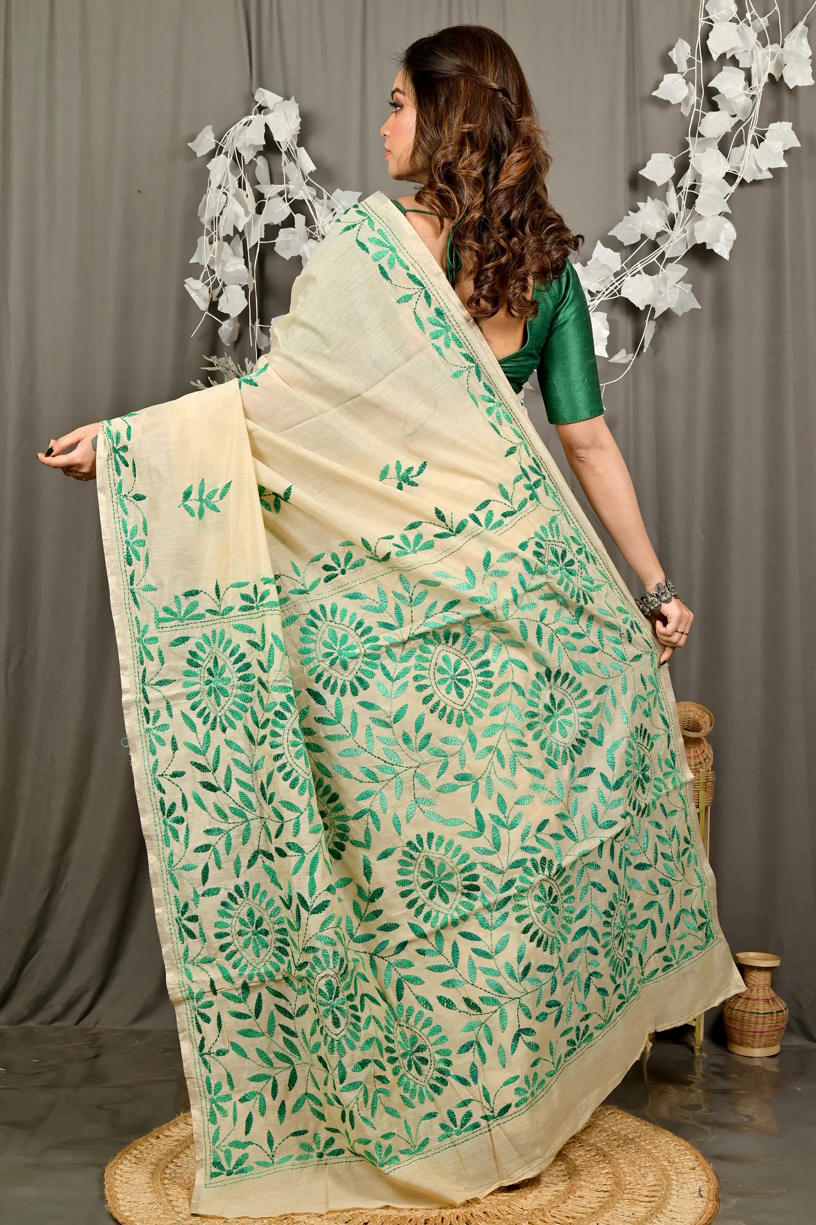 Off White Green Cotton Varitikath Kantha Stitch Saree (3132)