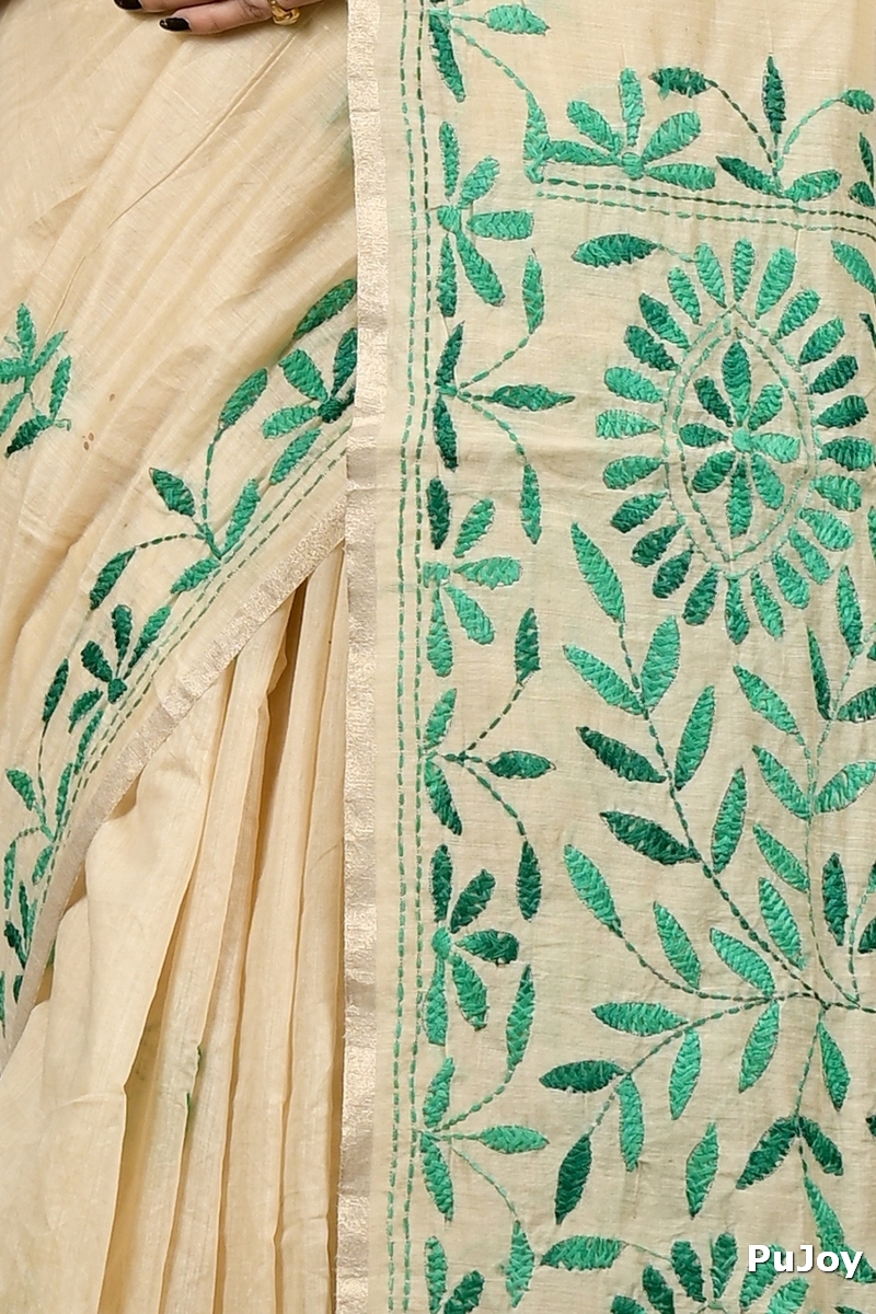 Off White Green Cotton Varitikath Kantha Stitch Saree (3132)