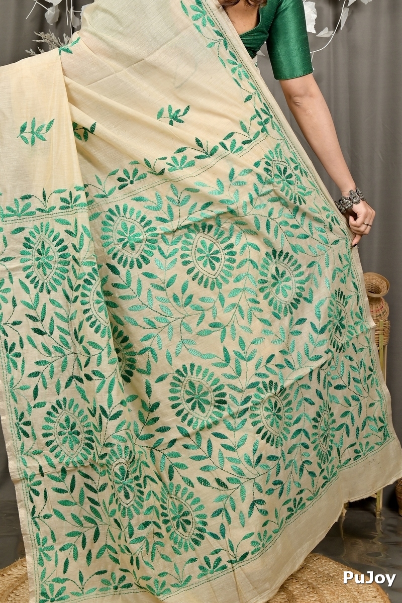 Off White Green Cotton Varitikath Kantha Stitch Saree (3132)