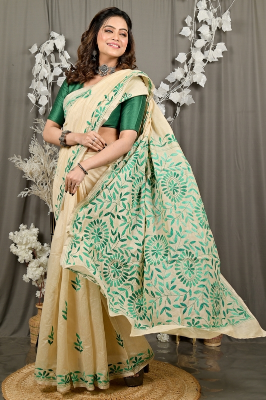 Off White Green Cotton Varitikath Kantha Stitch Saree (3132)